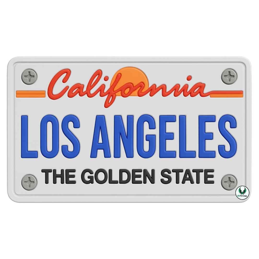 California license plate style patch with Los Angeles text and The Golden State slogan