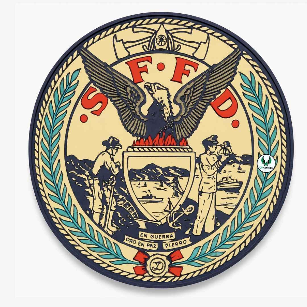 Round SFFD patch with eagle, shield, laurel leaves, and historic design