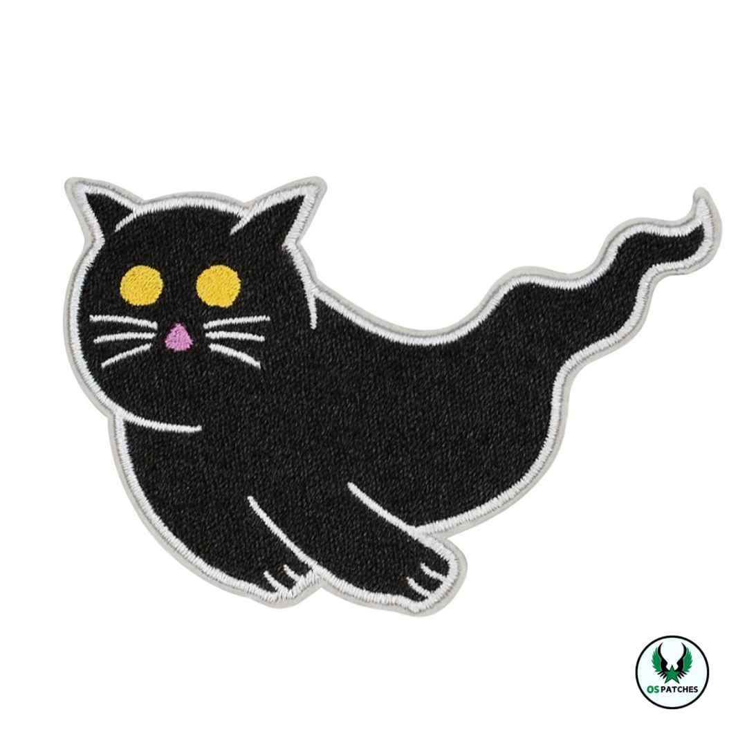 Black embroidered ghost cat patch with yellow eyes and pink nose