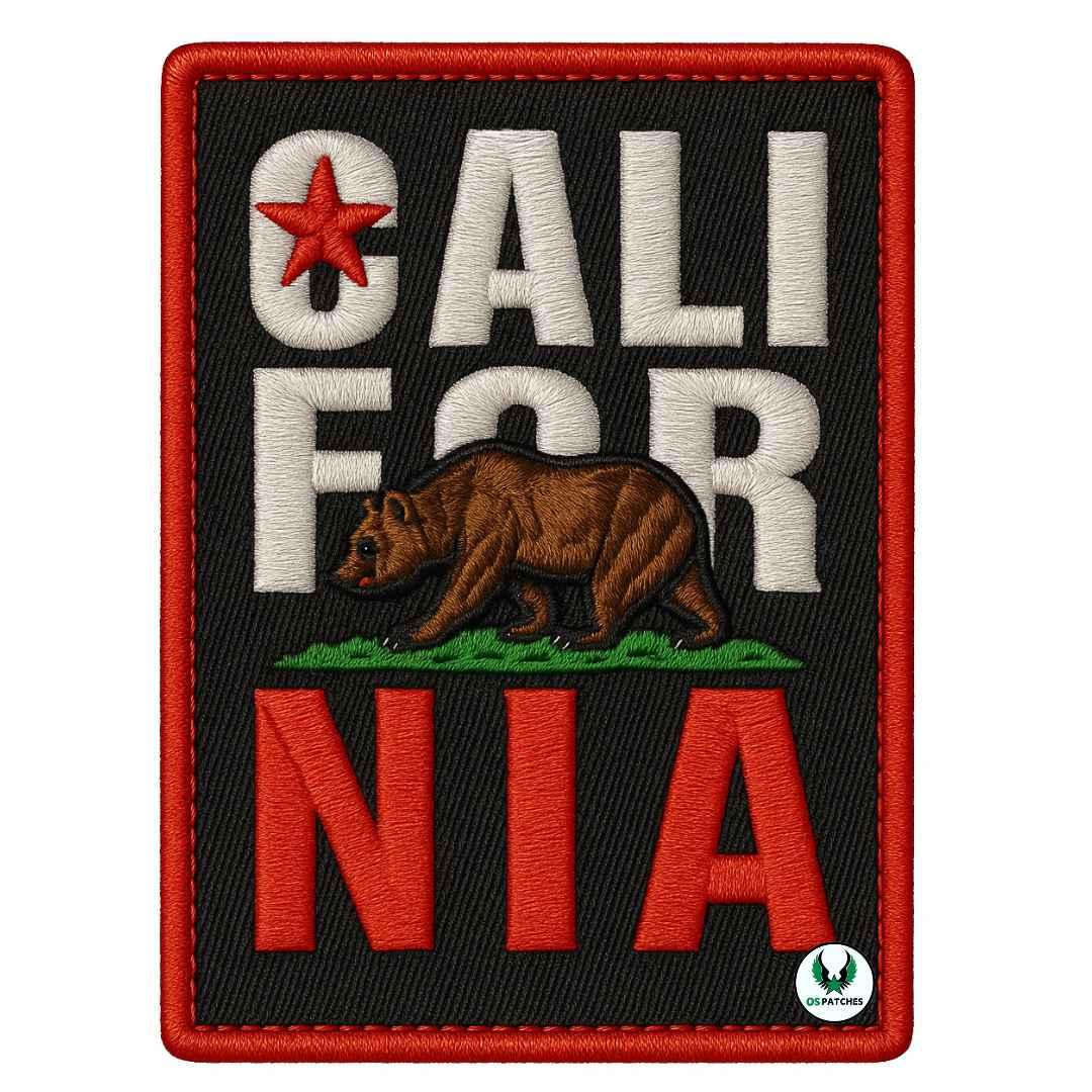 California embroidered patch with red star, brown bear, and text CALIFORNIA