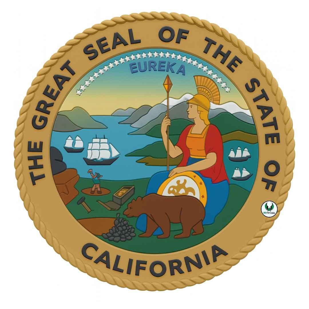 California state seal patch with goddess Minerva, bear, ships, and mountains
