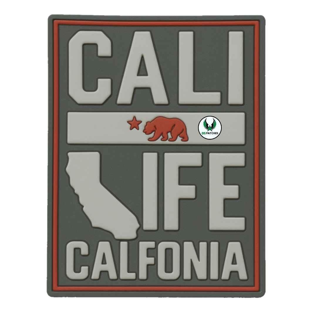 California PVC patch with bear, state outline, and text CALI LIFE CALIFORNIA