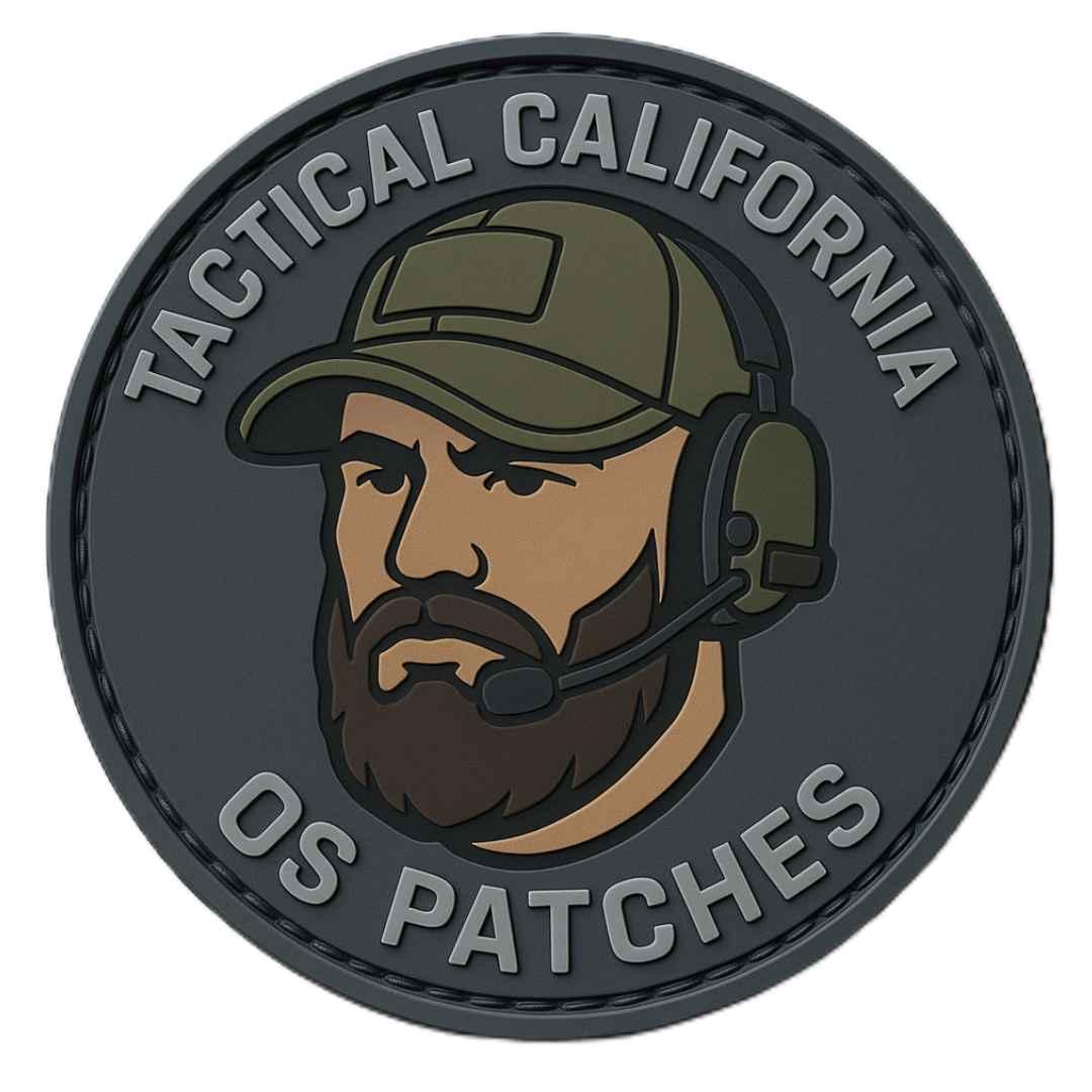 Round PVC patch with bearded soldier face, headset, and text Tactical California OS Patches