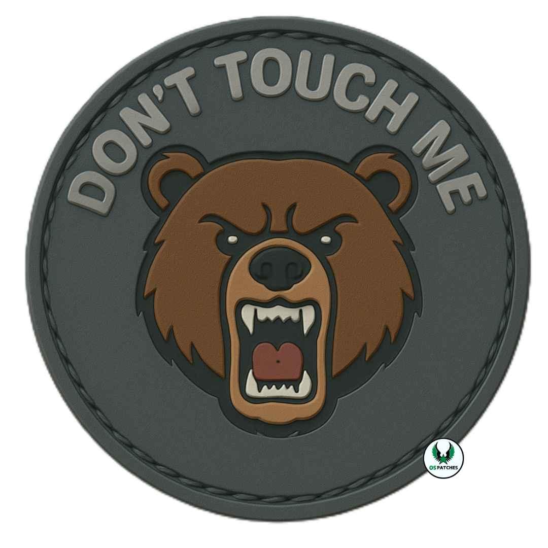 Round PVC patch with angry bear face and text DON’T TOUCH ME