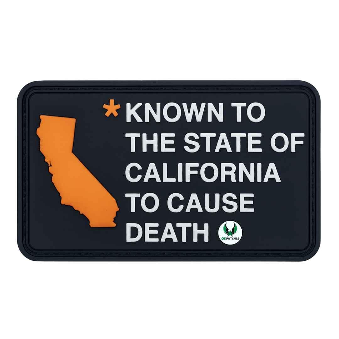 Black PVC patch with orange California state outline and text Known to the State of California to Cause Death