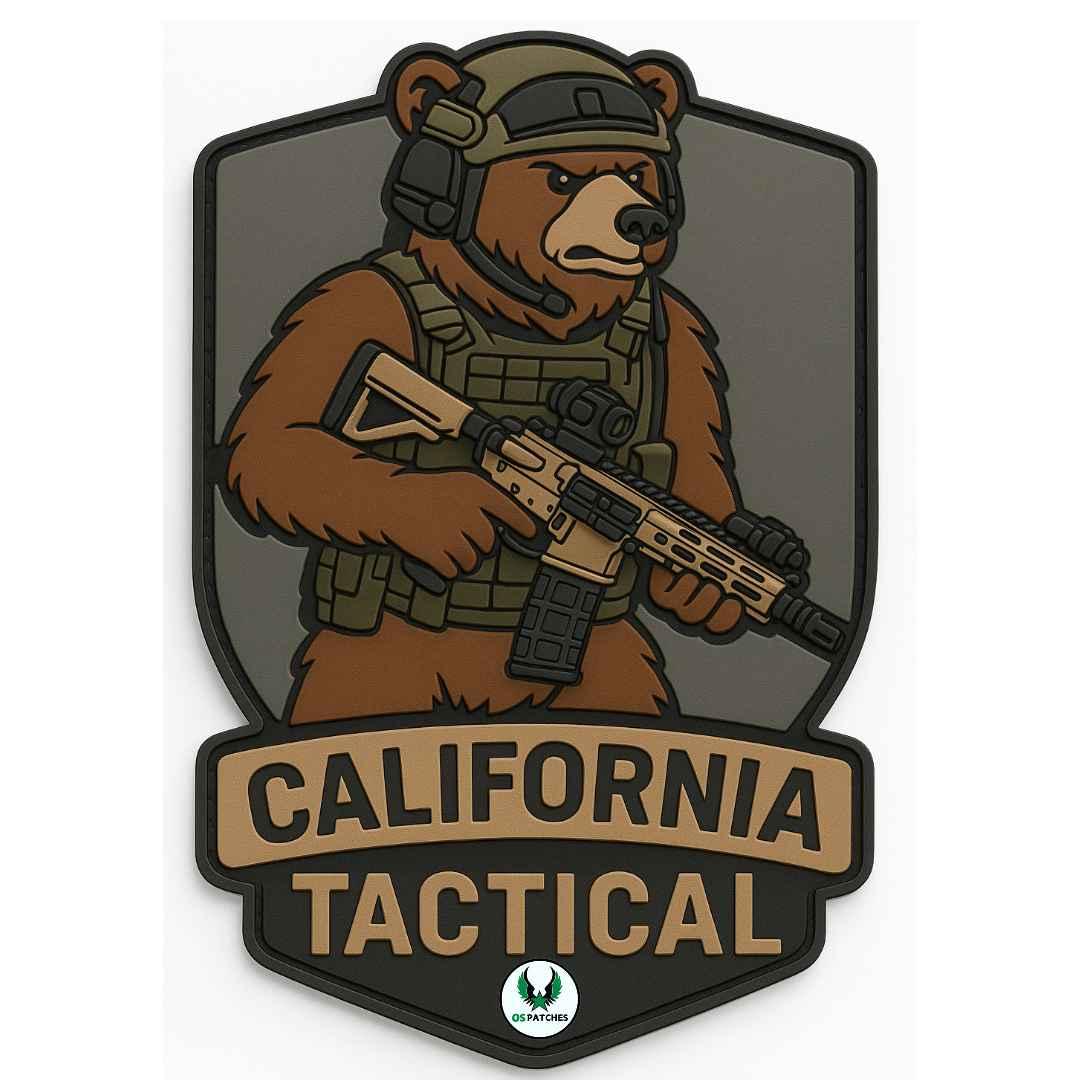 California tactical PVC patch with armored bear holding a rifle