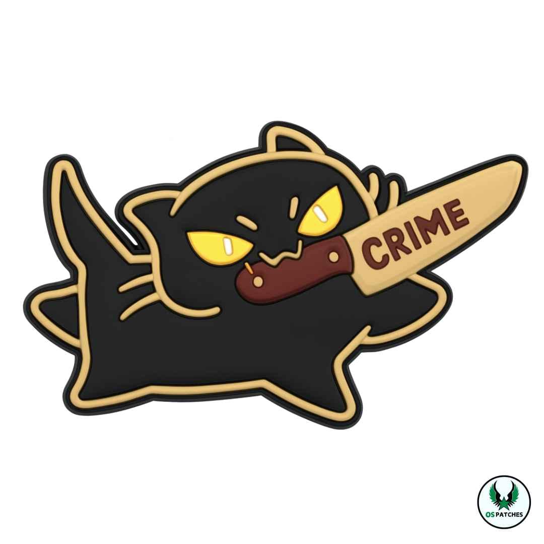 Black PVC cat patch holding a knife labeled CRIME