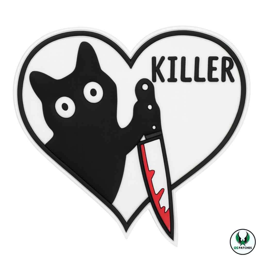 Black cat PVC patch holding a bloody knife inside heart shape with text KILLER