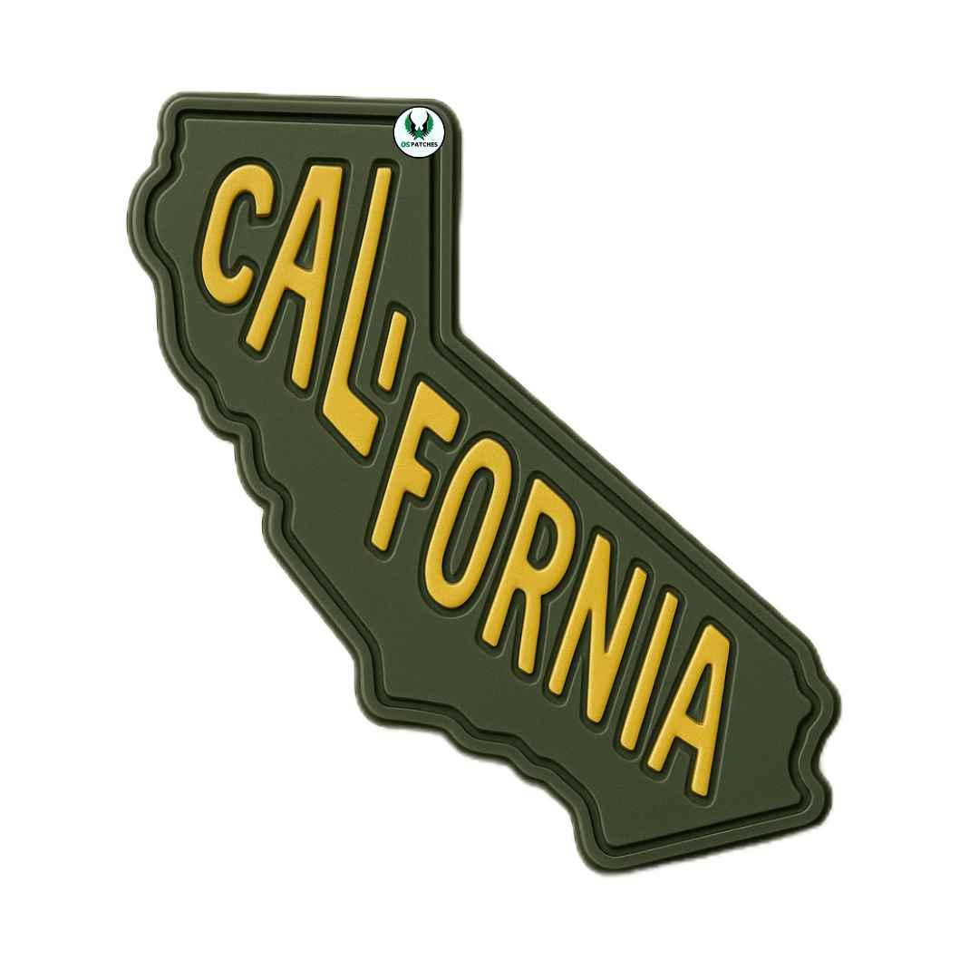 California state-shaped PVC patch with green background and yellow California text