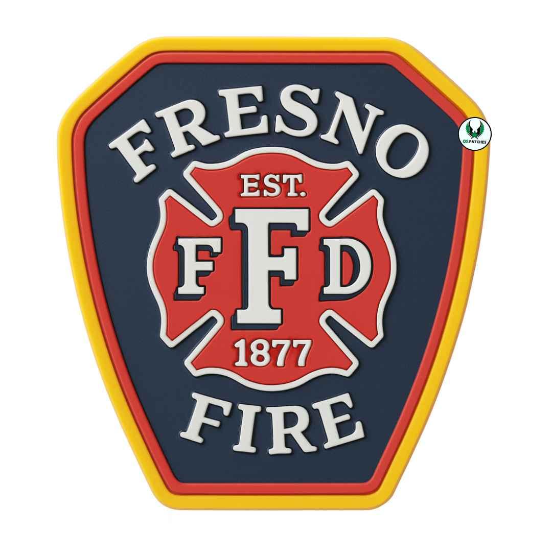 Fresno Fire Department patch with red Maltese cross and text EST 1877
