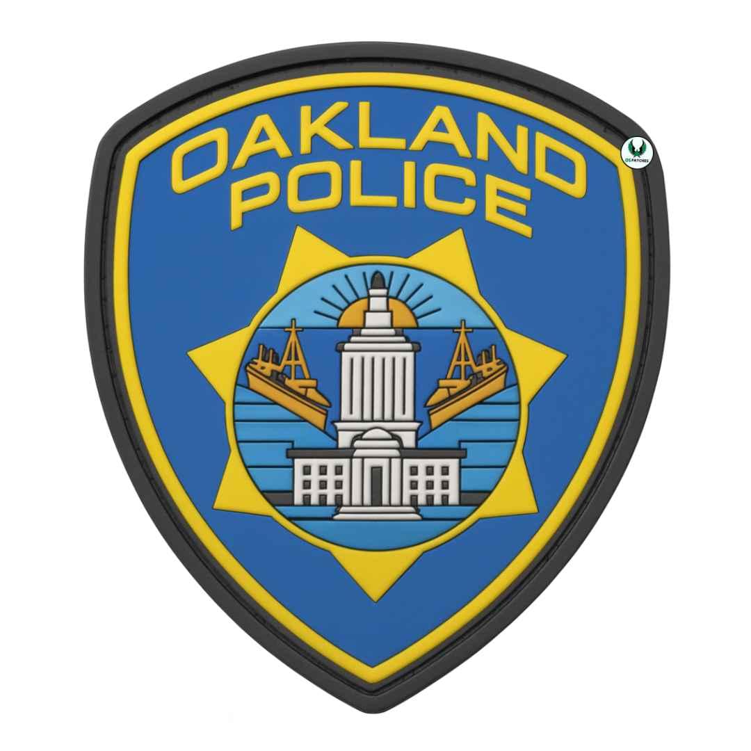Oakland Police patch with city hall, cranes, and sun emblem on blue shield