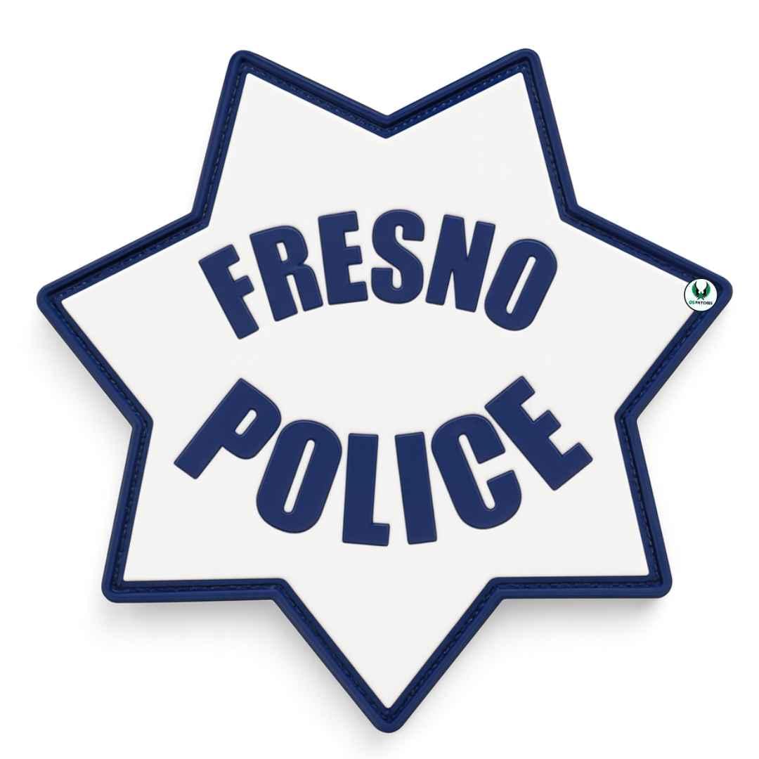 Fresno Police patch in white star shape with blue border and lettering