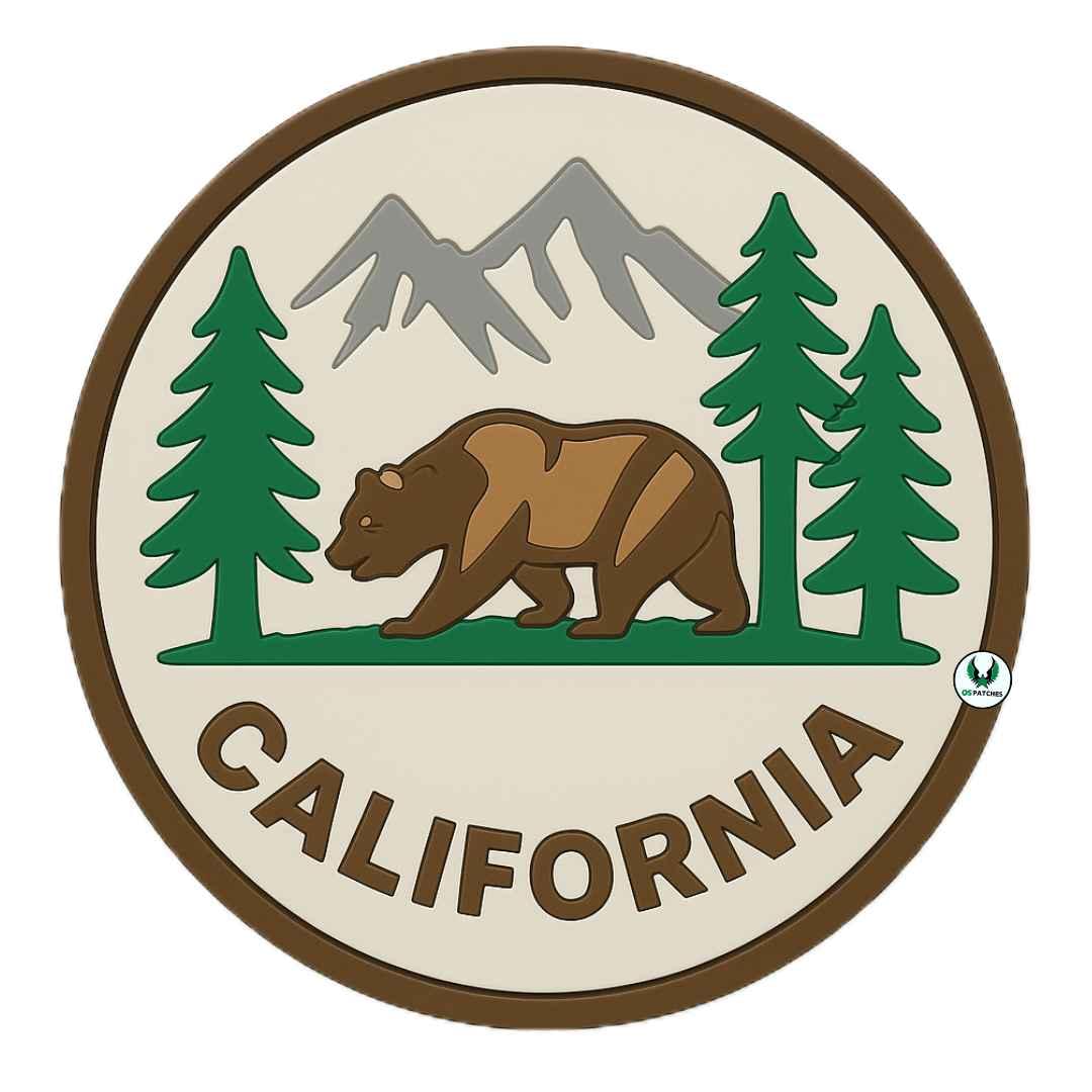 California round patch with bear, pine trees, and mountain background