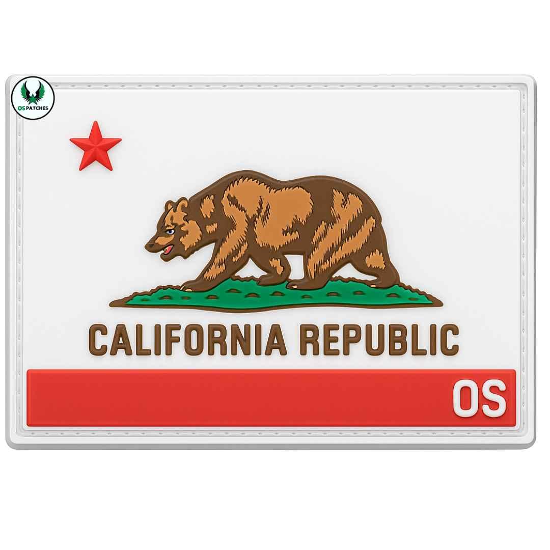 California Republic PVC patch with grizzly bear, red star, and OS marking
