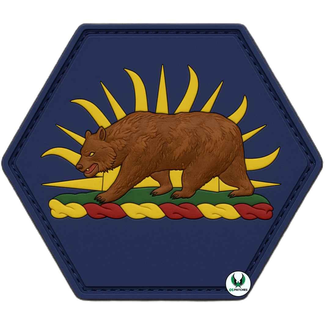 Hexagon PVC patch with California bear and golden sun rays on navy background
